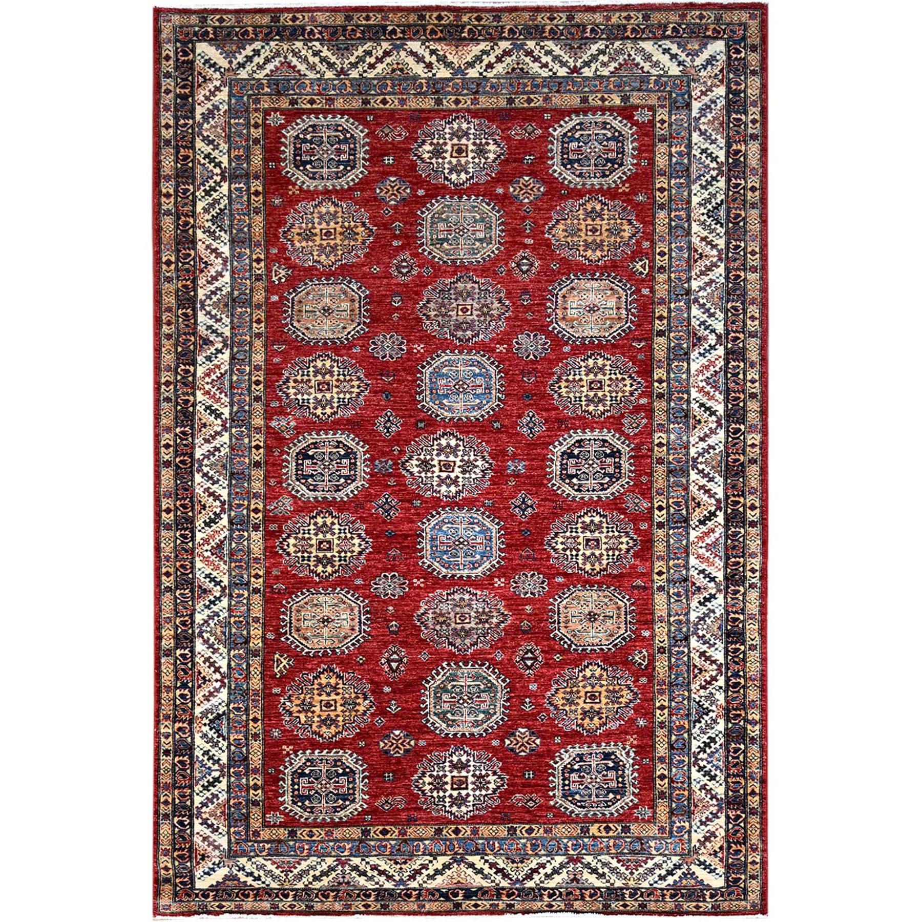Toreador Red With Chantilly Lace White, Soft and Shiny Wool, Hand Knotted, Denser Weave, Vegetable Dyes, Afghan Super Kazak with All Over Medallions, Oriental Rug